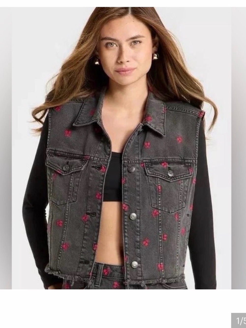 Wild Fable Black Denim Cherry-Embroidered Vest XS